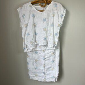 Vintage White Linen Floral Embroidered Wrap Skirt & Top Set Women's Medium